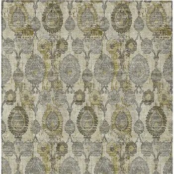 5' X 8' Khaki Beige And Gold Damask Washable Indoor Outdoor Area Rug