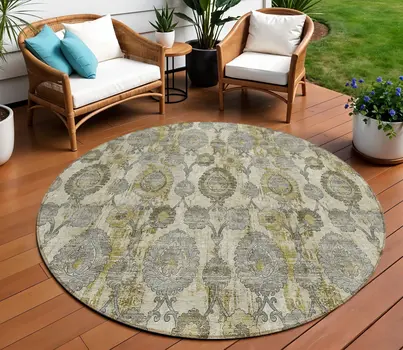8' Khaki Beige And Gold Round Damask Washable Indoor Outdoor Area Rug