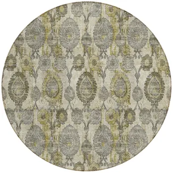 8' Khaki Beige And Gold Round Damask Washable Indoor Outdoor Area Rug