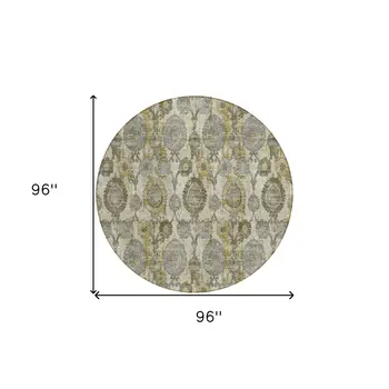 8' Khaki Beige And Gold Round Damask Washable Indoor Outdoor Area Rug