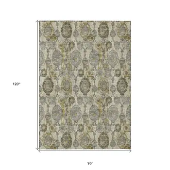 8' X 10' Khaki Beige And Gold Damask Washable Indoor Outdoor Area Rug