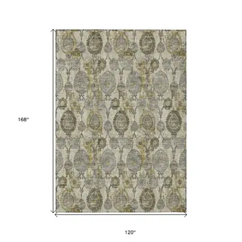 10' X 14' Khaki Beige And Gold Damask Washable Indoor Outdoor Area Rug