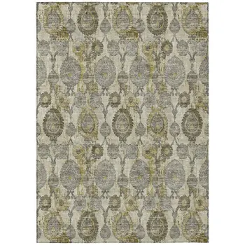 10' X 14' Khaki Beige And Gold Damask Washable Indoor Outdoor Area Rug