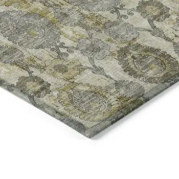 10' X 14' Khaki Beige And Gold Damask Washable Indoor Outdoor Area Rug
