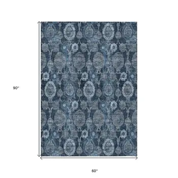 5' X 8' Navy Blue And Denim Blue Damask Washable Indoor Outdoor Area Rug