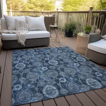 5' X 8' Navy Blue And Denim Blue Damask Washable Indoor Outdoor Area Rug