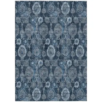 5' X 8' Navy Blue And Denim Blue Damask Washable Indoor Outdoor Area Rug