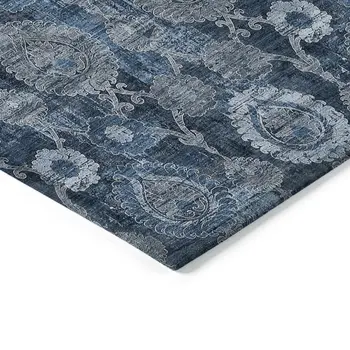 5' X 8' Navy Blue And Denim Blue Damask Washable Indoor Outdoor Area Rug