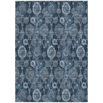 5' X 8' Navy Blue And Denim Blue Damask Washable Indoor Outdoor Area Rug