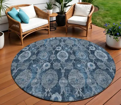 8' Navy Blue And Denim Blue Round Damask Washable Indoor Outdoor Area Rug