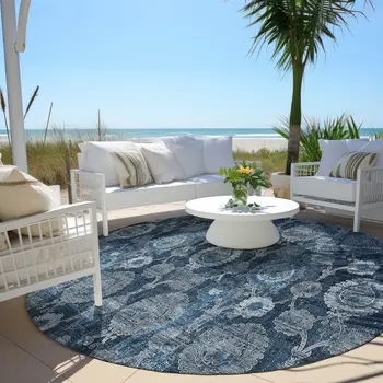 8' Navy Blue And Denim Blue Round Damask Washable Indoor Outdoor Area Rug