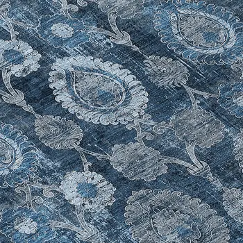 8' Navy Blue And Denim Blue Round Damask Washable Indoor Outdoor Area Rug
