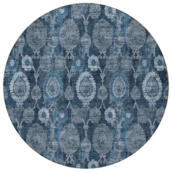 8' Navy Blue And Denim Blue Round Damask Washable Indoor Outdoor Area Rug