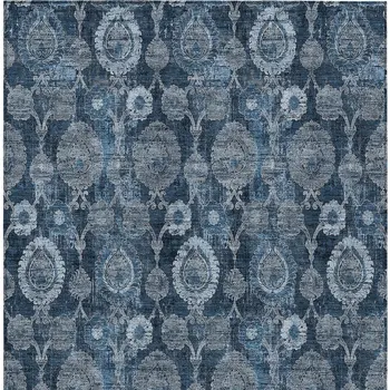 10' X 14' Navy Blue And Denim Blue Damask Washable Indoor Outdoor Area Rug