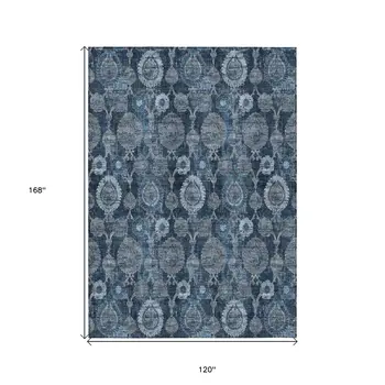 10' X 14' Navy Blue And Denim Blue Damask Washable Indoor Outdoor Area Rug