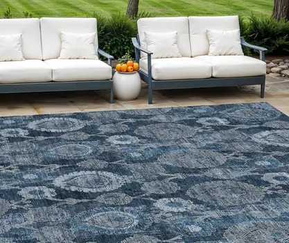 10' X 14' Navy Blue And Denim Blue Damask Washable Indoor Outdoor Area Rug