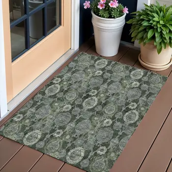 3' X 5' Olive Green And Fern Green Damask Washable Indoor Outdoor Area Rug
