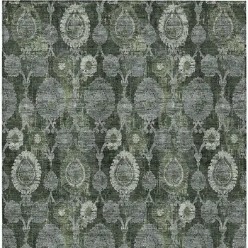 5' X 8' Olive Green And Fern Green Damask Washable Indoor Outdoor Area Rug