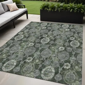 5' X 8' Olive Green And Fern Green Damask Washable Indoor Outdoor Area Rug