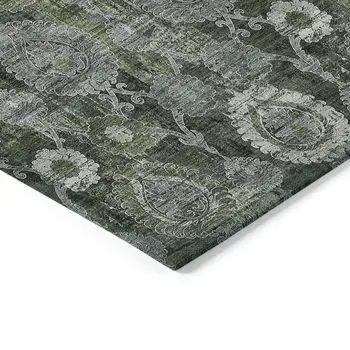5' X 8' Olive Green And Fern Green Damask Washable Indoor Outdoor Area Rug