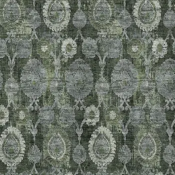 5' X 8' Olive Green And Fern Green Damask Washable Indoor Outdoor Area Rug
