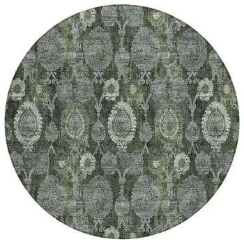 8' Olive Green And Fern Green Round Damask Washable Indoor Outdoor Area Rug