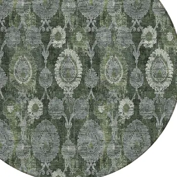 8' Olive Green And Fern Green Round Damask Washable Indoor Outdoor Area Rug