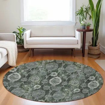 8' Olive Green And Fern Green Round Damask Washable Indoor Outdoor Area Rug