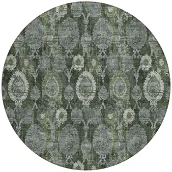 8' Olive Green And Fern Green Round Damask Washable Indoor Outdoor Area Rug