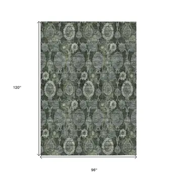 8' X 10' Olive Green And Fern Green Damask Washable Indoor Outdoor Area Rug