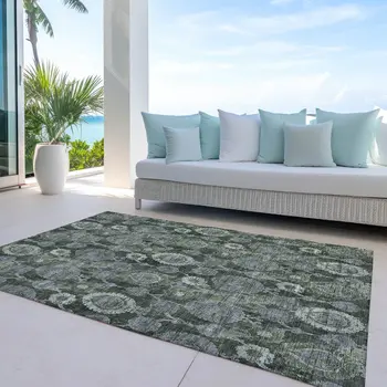 8' X 10' Olive Green And Fern Green Damask Washable Indoor Outdoor Area Rug
