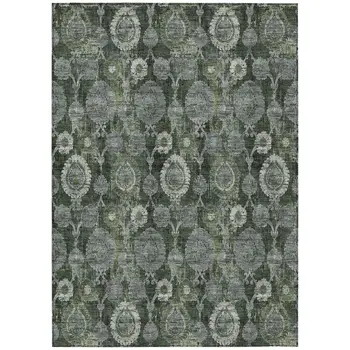 8' X 10' Olive Green And Fern Green Damask Washable Indoor Outdoor Area Rug