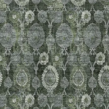 8' X 10' Olive Green And Fern Green Damask Washable Indoor Outdoor Area Rug