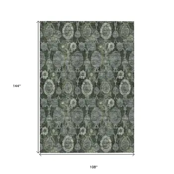 9' X 12' Olive Green And Fern Green Damask Washable Indoor Outdoor Area Rug