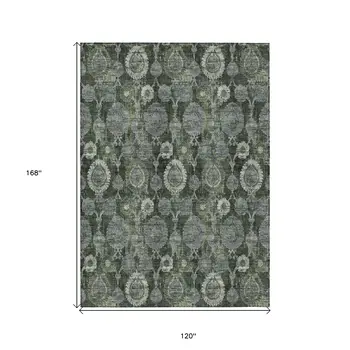 10' X 14' Olive Green And Fern Green Damask Washable Indoor Outdoor Area Rug