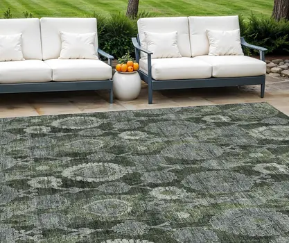 10' X 14' Olive Green And Fern Green Damask Washable Indoor Outdoor Area Rug