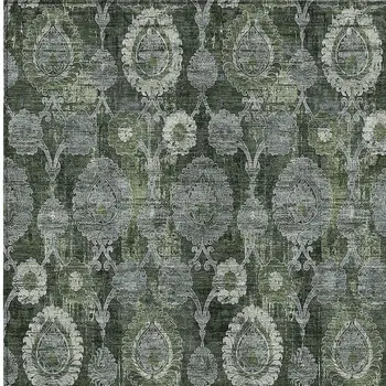 10' X 14' Olive Green And Fern Green Damask Washable Indoor Outdoor Area Rug