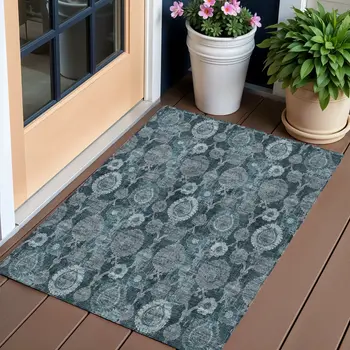 3' X 5' Teal Blue And Sky Blue Damask Washable Indoor Outdoor Area Rug