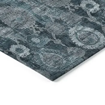 5' X 8' Teal Blue And Sky Blue Damask Washable Indoor Outdoor Area Rug