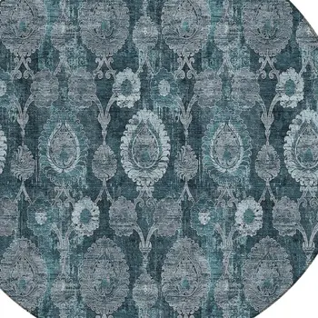 8' Teal Blue And Sky Blue Round Damask Washable Indoor Outdoor Area Rug
