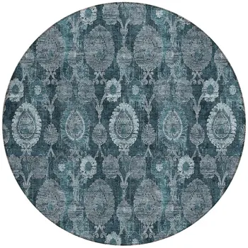 8' Teal Blue And Sky Blue Round Damask Washable Indoor Outdoor Area Rug