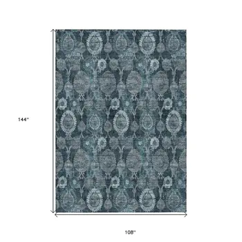 9' X 12' Teal Blue And Sky Blue Damask Washable Indoor Outdoor Area Rug