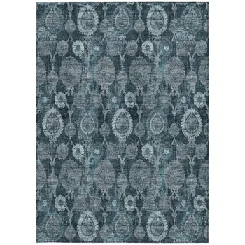 9' X 12' Teal Blue And Sky Blue Damask Washable Indoor Outdoor Area Rug