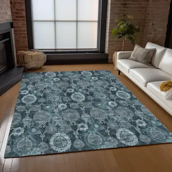9' X 12' Teal Blue And Sky Blue Damask Washable Indoor Outdoor Area Rug