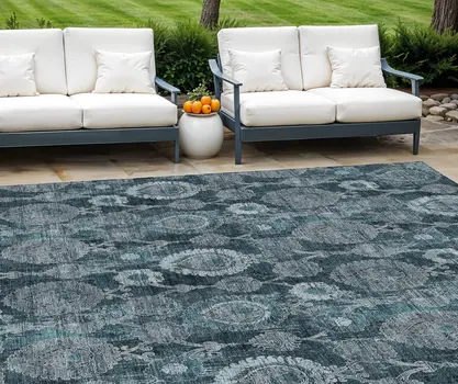 10' X 14' Teal Blue And Sky Blue Damask Washable Indoor Outdoor Area Rug