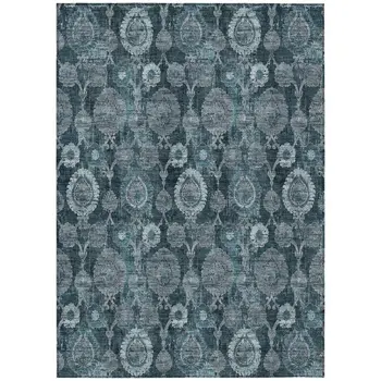 10' X 14' Teal Blue And Sky Blue Damask Washable Indoor Outdoor Area Rug