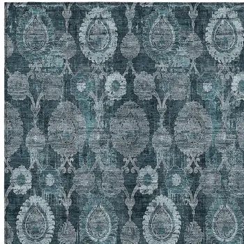 10' X 14' Teal Blue And Sky Blue Damask Washable Indoor Outdoor Area Rug