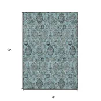 3' X 5' Turquoise Gray And Charcoal Damask Washable Indoor Outdoor Area Rug