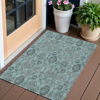 3' X 5' Turquoise Gray And Charcoal Damask Washable Indoor Outdoor Area Rug