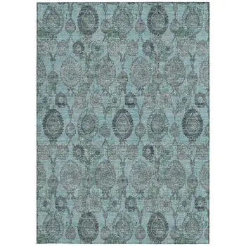 3' X 5' Turquoise Gray And Charcoal Damask Washable Indoor Outdoor Area Rug